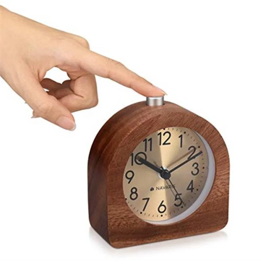 Wood Alarm Clock Non Ticking Analog Bedside Table Clock Battery Operated Snooze